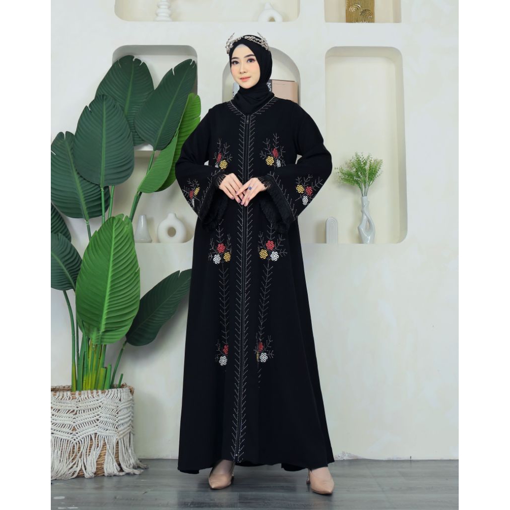 ABAYA YURA Gamis abaya turkey Bahan full jet black motif payet daun terbaru fashion muslimah