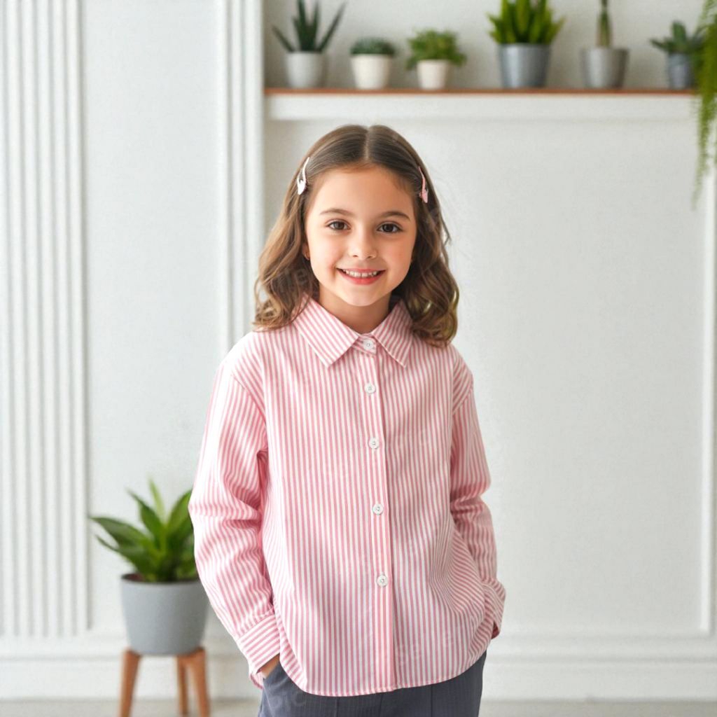 KEMEJA ANAK PEREMPUAN LENGAN PANJANG 1-12 TAHUN BAJU KEMAJA ANAK MOTIF GARIS STYLE KOREAN OVERSIZE