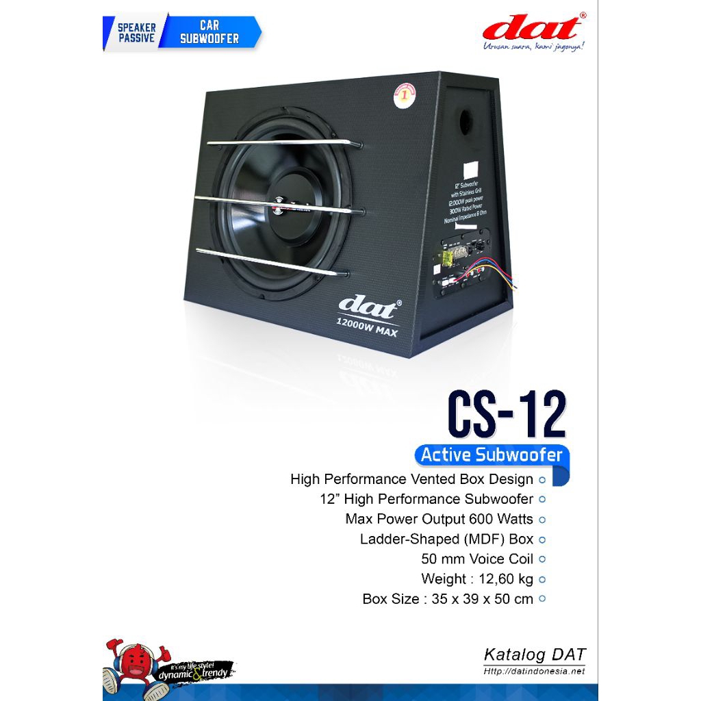 DAT CS-12 – Subwoofer Mobil Aktif 12” 600W, Voice Coil 50mm