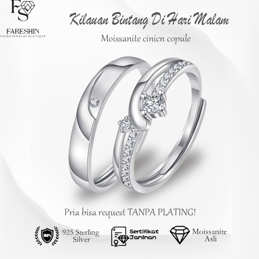 Fareshin Cincin Couple Pria Wanita Cincin Tunangan Moissanite Ring Sertifikat GRA