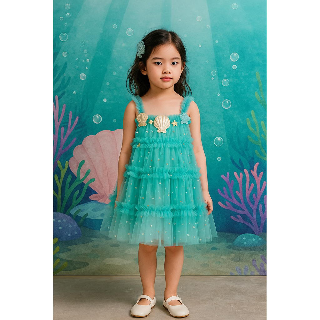 Dress Anak Tema Mermaid Gaun Pesta Anak dengan Hiasan Conch dan Bintang Laut Warna Hijau Menta