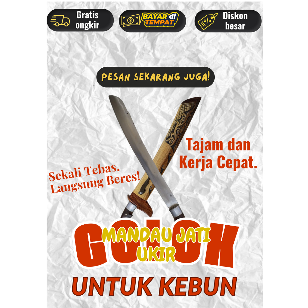 Golok Kebun Mandau Jati Ukir Bahan Baja Per Asli