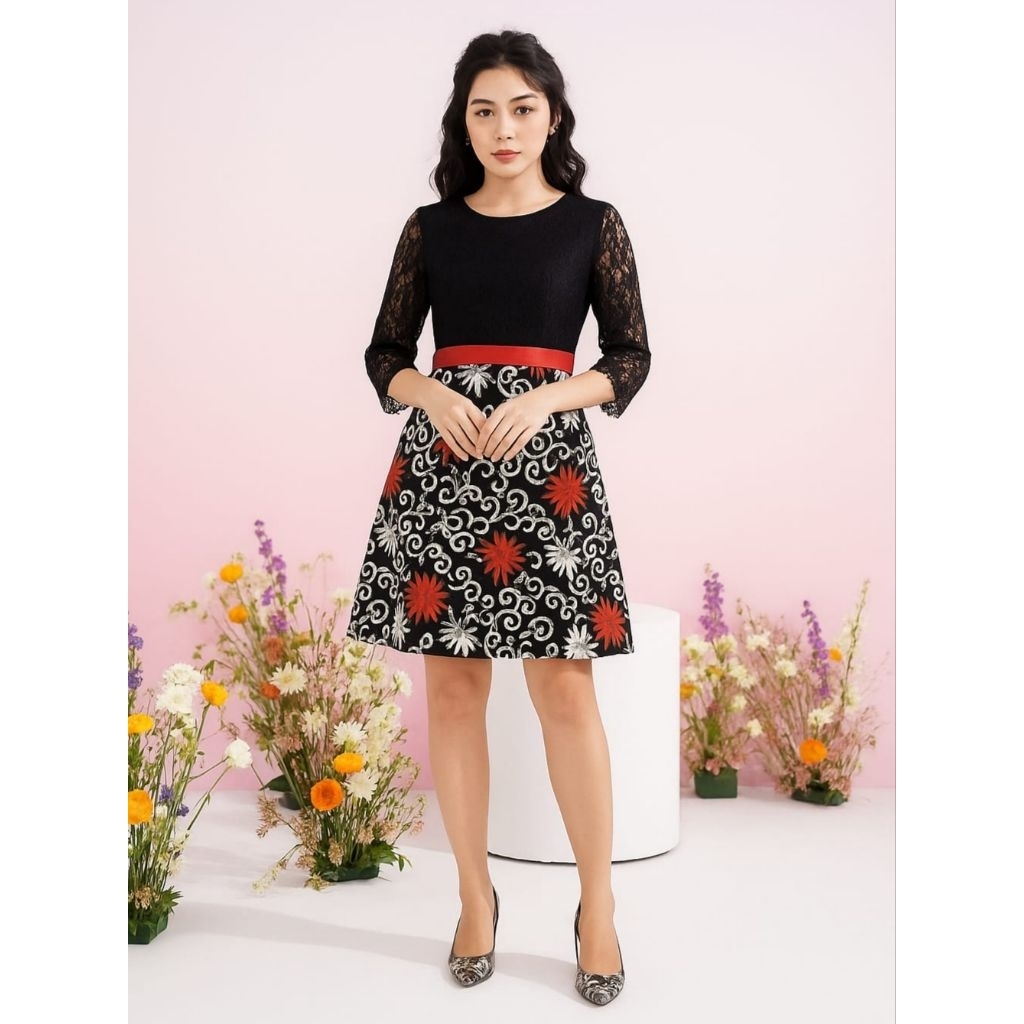 Dress Brokat Kombi Batik Magna Gaun Remaja Untuk Natalan Baju Fashion Wanita Cantik Outfit Modis Kon