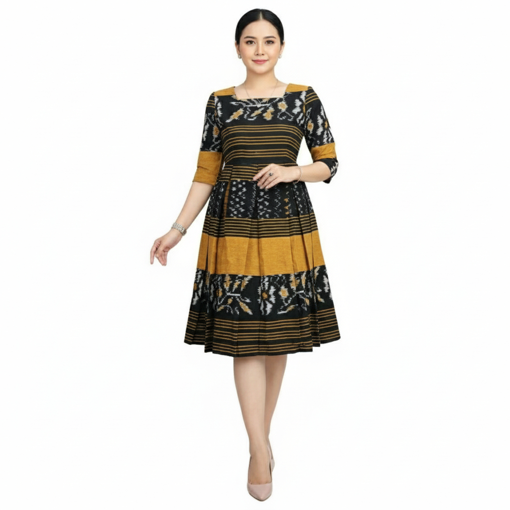 DRESS TENUN WANITA MODERN TERBARU 2025 BAJU DRESS TENUN ETNIK KATUN PREMIUM LENGAN 3/4 MOTIF IKAT NT