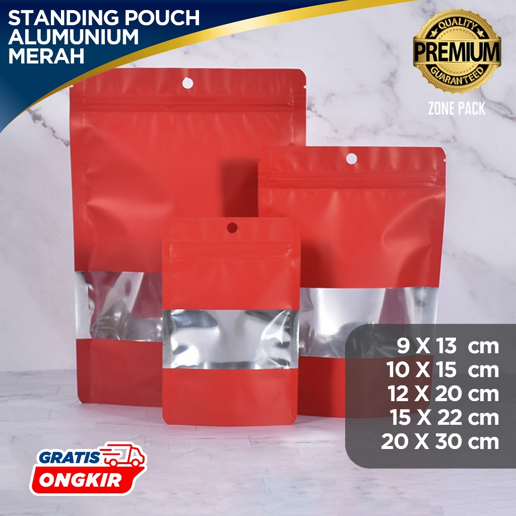 Standing Pouch Alumunium Windows Warna Merah I Kemasan Biji Kopi I Kemasan Snack Ziplock | Kemasan M