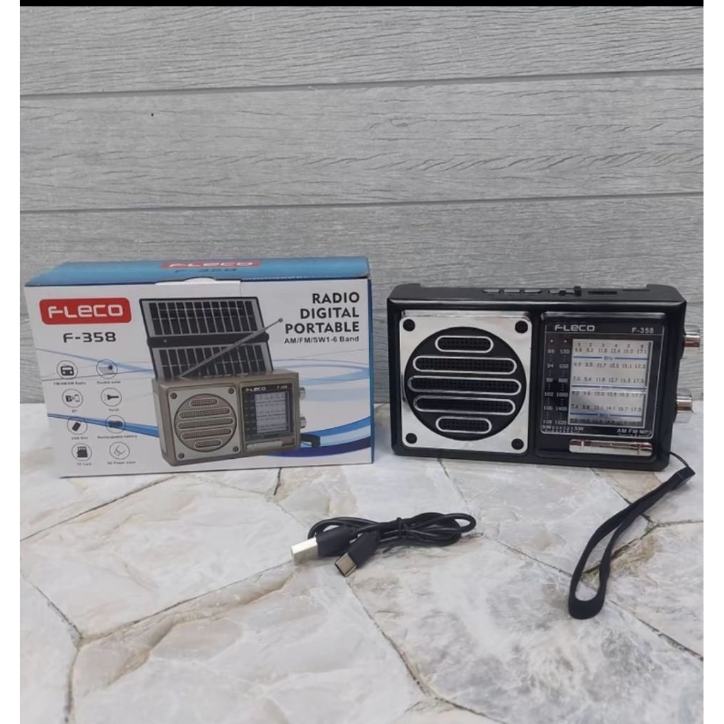 Radio Bluetooth Tenaga Surya/Matahari Fleco F-358 Bisa Bluetooth Speaker + Senter Led + Lampu Led + 