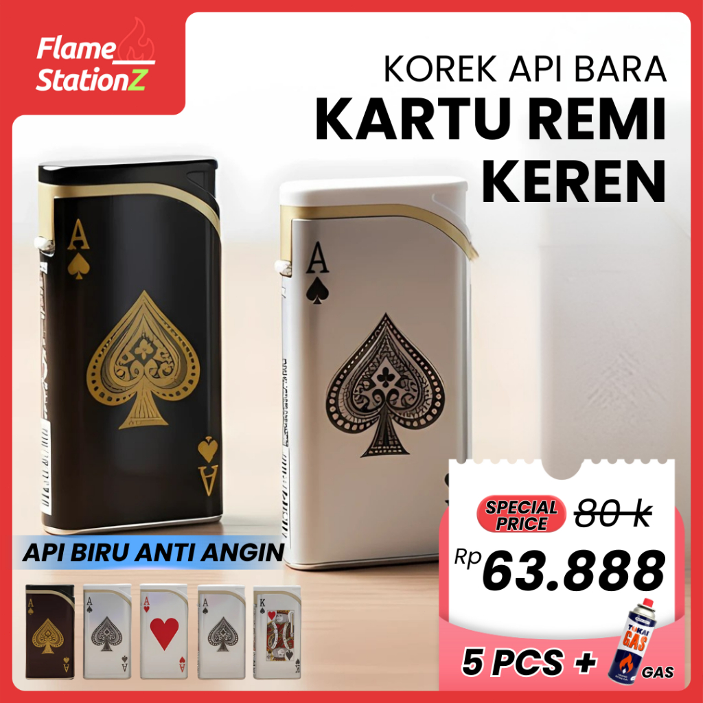 Korek Api Bara Kartu Remi Bahan Besi Tahan Angin/Windproof Bisa Diisi Ulang