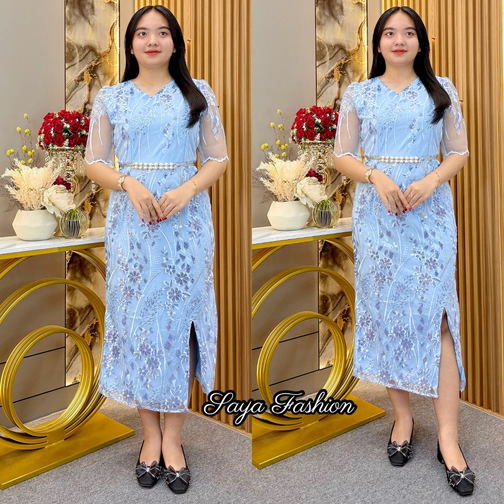 Dress Tile Full Bordir Payet Free Belt Mutiara Baju Pesta Wanita 2210