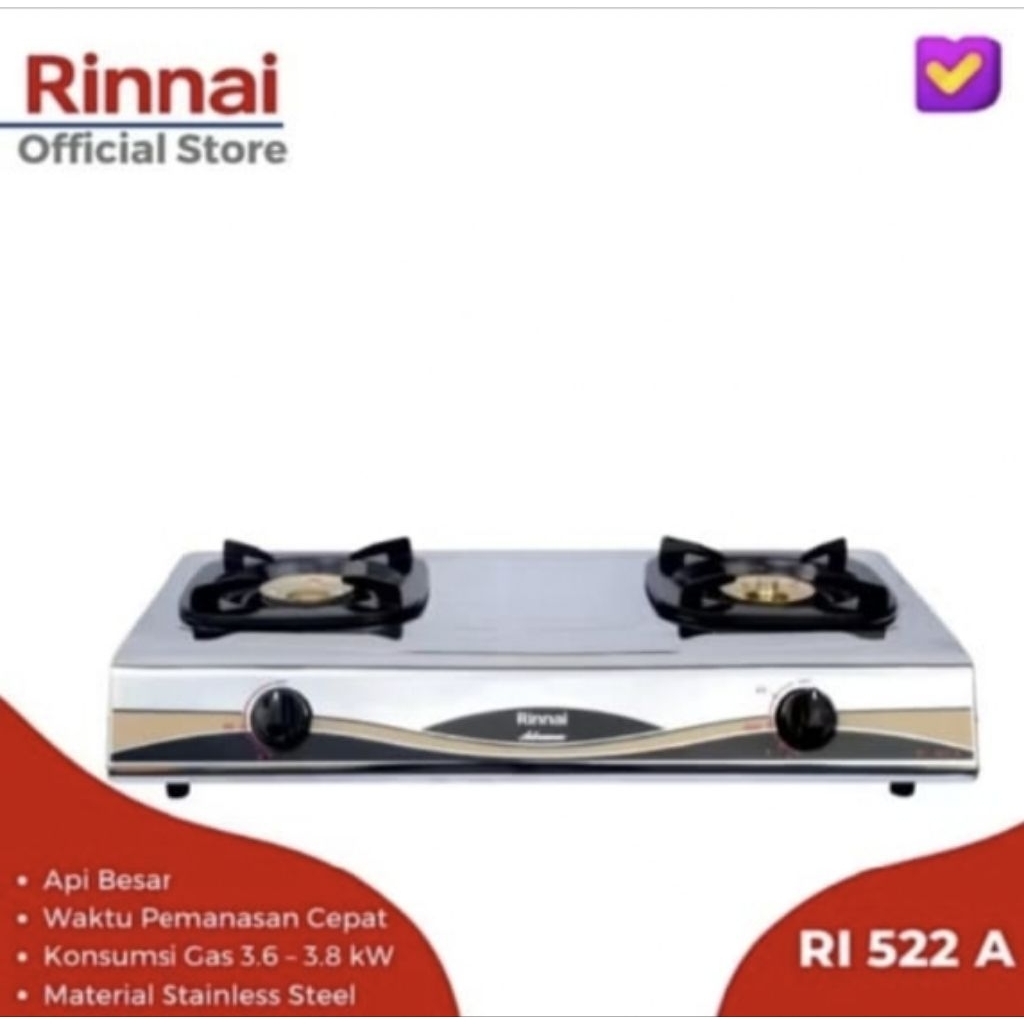 Kompor Gas RINNAI 2 Tungku RI-522 A Stainless Steel Dengan Api Lilin