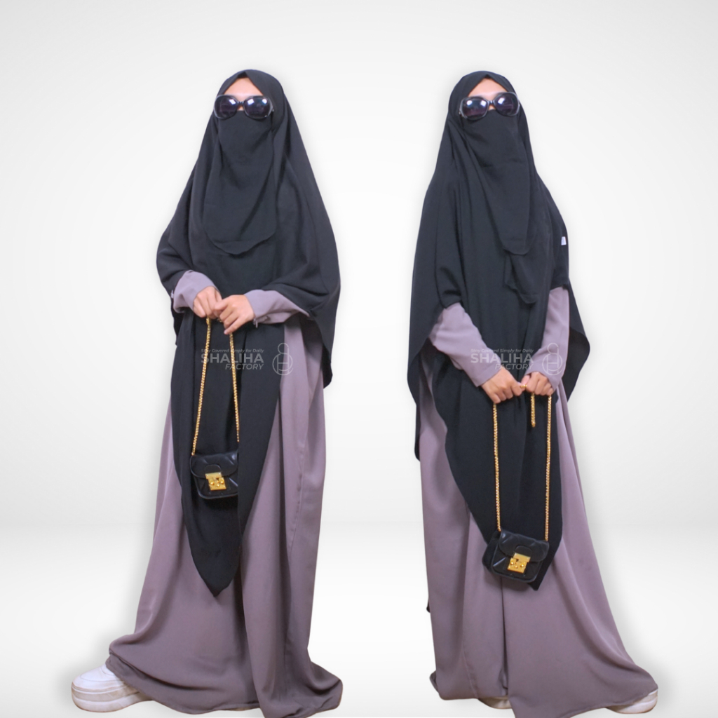 ShalihaFactory - Mina French Khimar Slim Long V Oval Shape Jet Black Premium