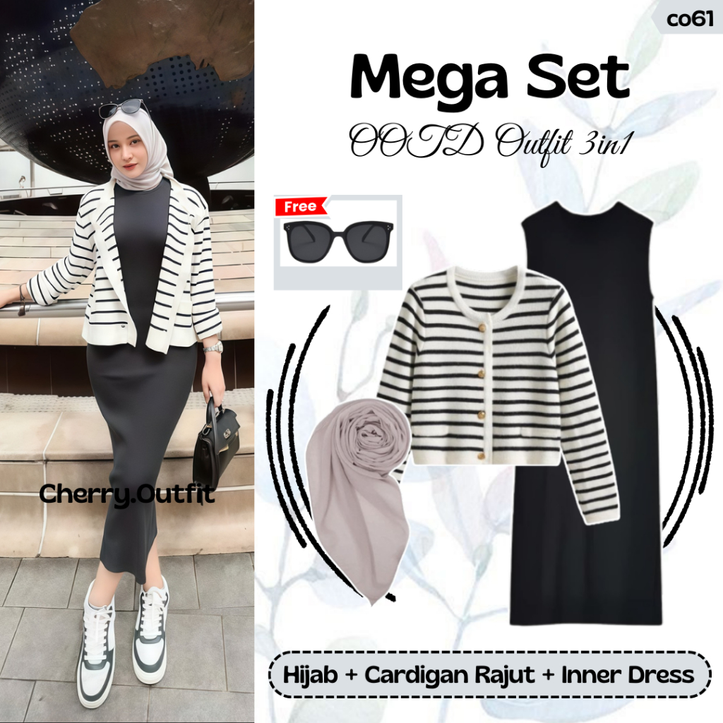 One Set 3in1 Remaja Kekinian | Inner Dress Jersey Hitam, Cardigan Rajut Putih, Hijab Bella Square Iv
