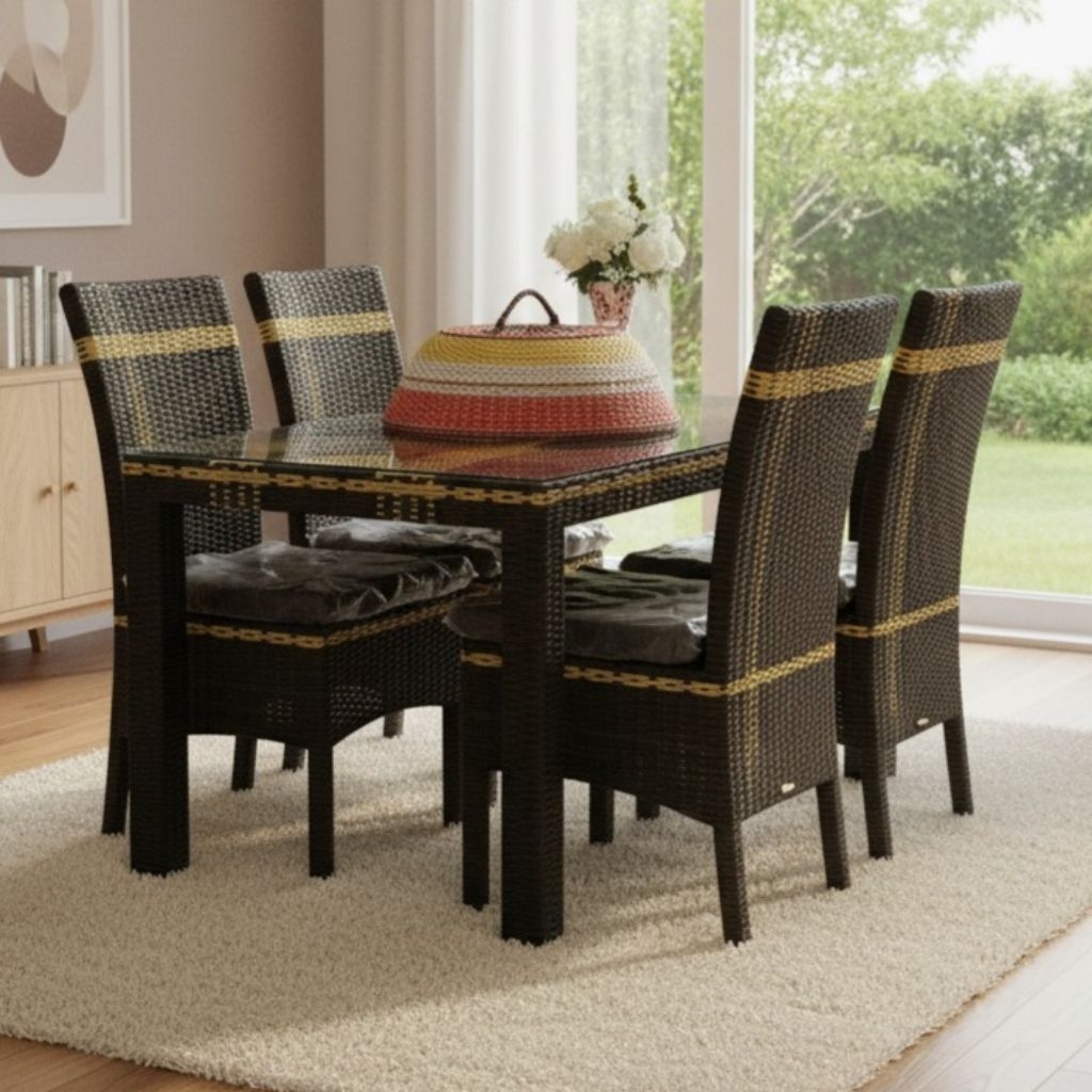 (FREE TUDUNG SAJI) Set meja makan rotan sintetis + kaca meja makan tempat makanan