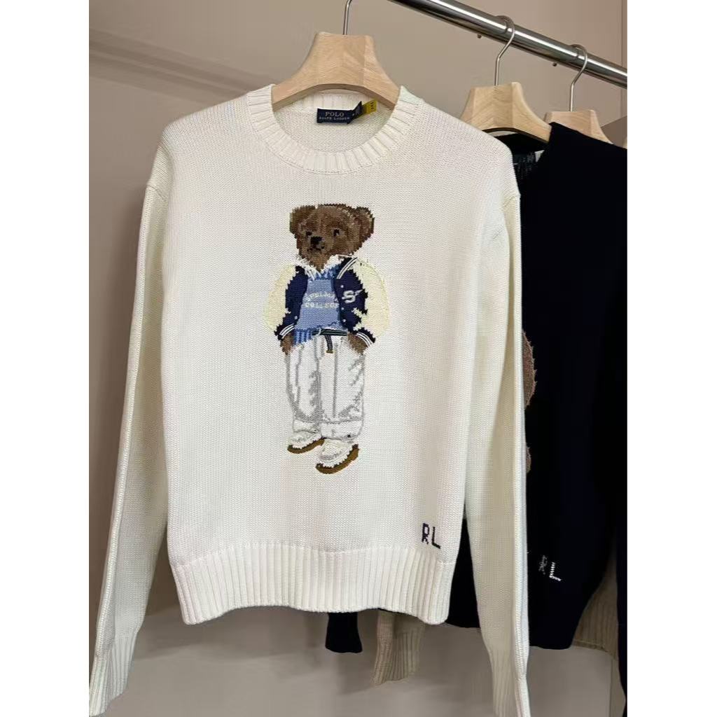 ori~RL/POLO sweater rajutan baru dengan sulaman kartun beruang, leher bulat dan lengan panjang