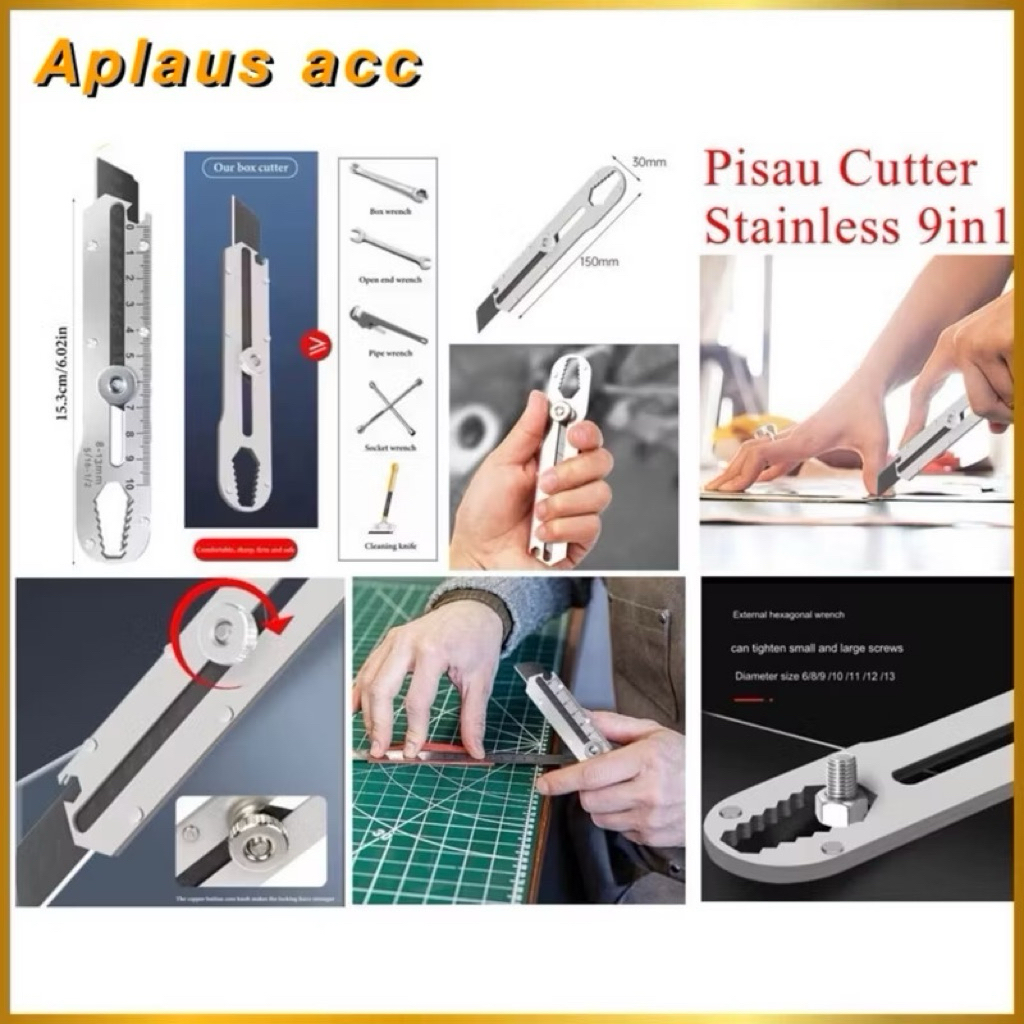 (GROSIRAN) Pisau Cutter Stainless Besi 9in1 Cutter Stainless Pemotong Kertas Tajam Anti Karat