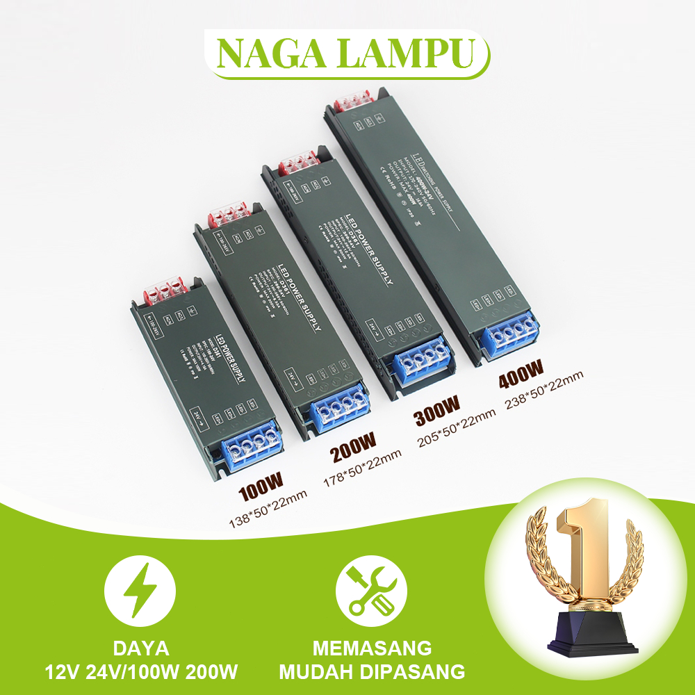 Power Supply LED 12V/24V 100W-300W - Desain Slim & Tipis, Operasi Senyap untuk Strip LED & Perangkat