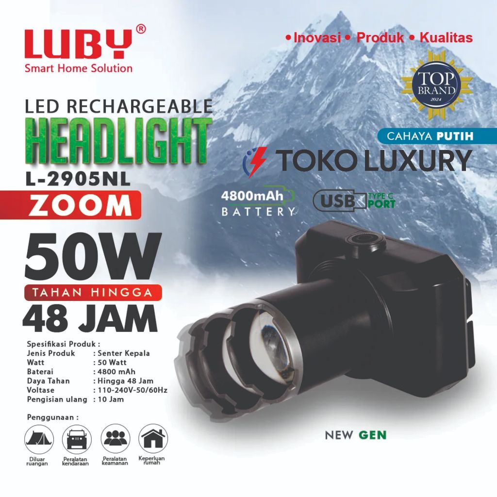 Senter Luby Zoom 50W L-2905NL Cahaya Putih | Senter LED Rechargeable Super Terang Toko Luxury
