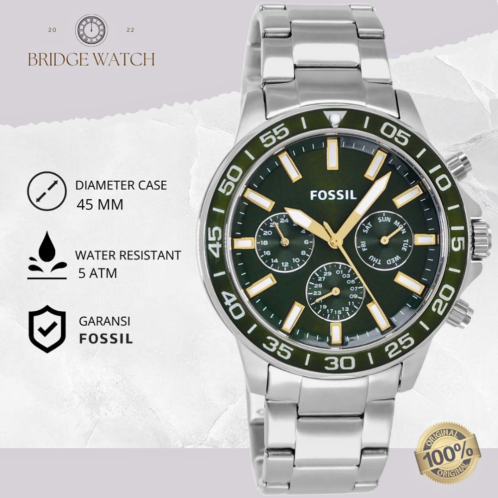Jam Tangan Fossil Pria BQ2492 Bannon Green Dial Chronograph Silver Stainless Steel Strap Rantai Mewa