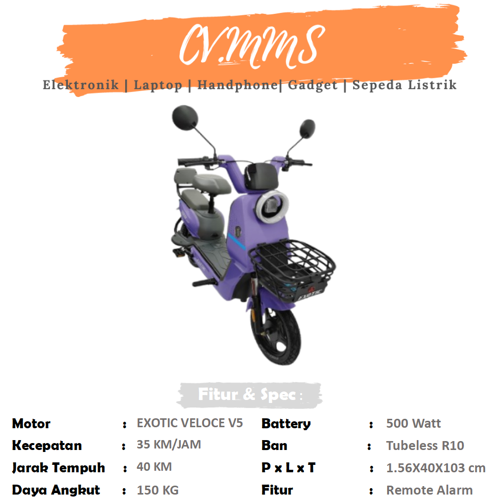 Sepeda Listrik Exotic Veloce V5 Accu 48/12 Ah Dinamo Motor 500 Watt