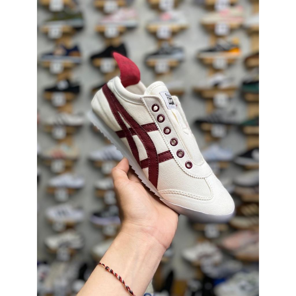 BIG SALE  SEPATU ONITSUKA KANVAS SLIP ON + TALI CREAM MAROON
