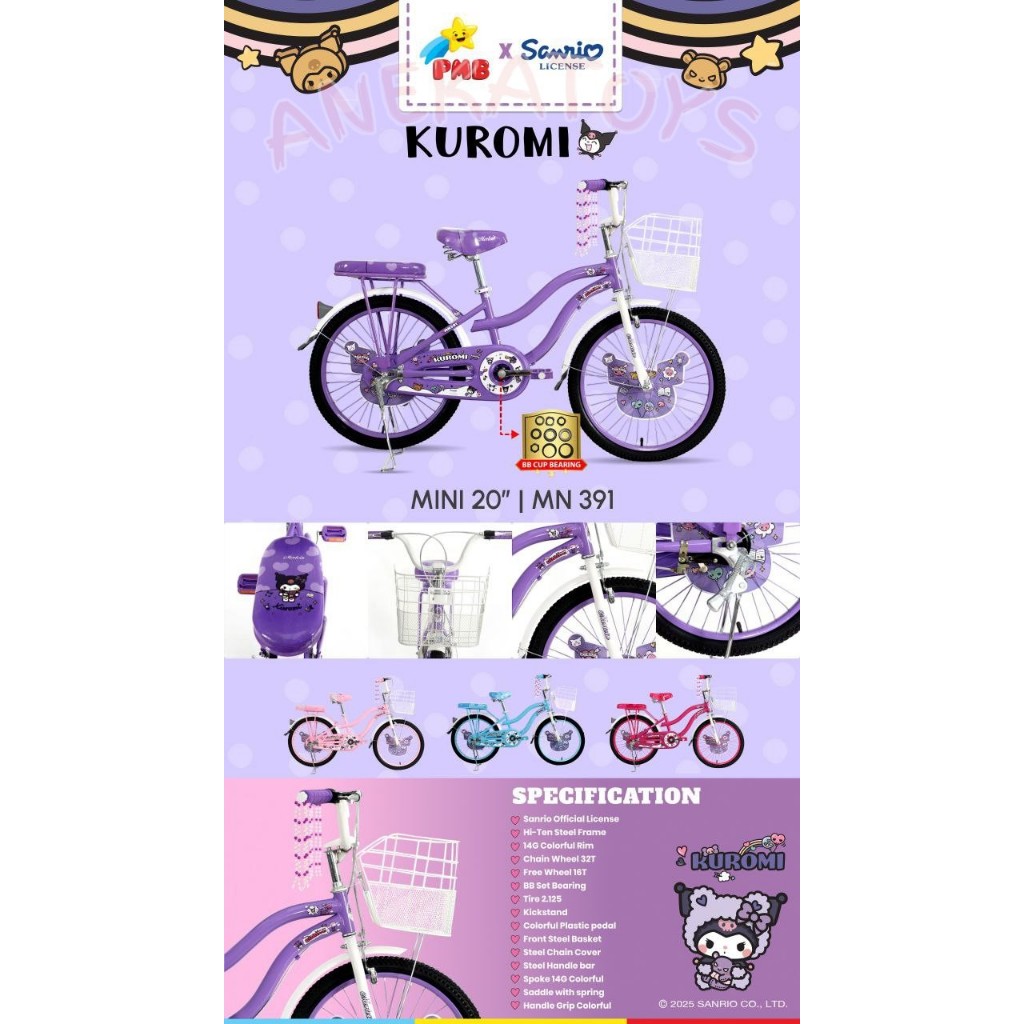 Sepeda Mini Anak Perempuan PMB Mortein MN391 Sanrio Kuromi 20x2.125 Inch Untuk Anak 8-12 Tahun