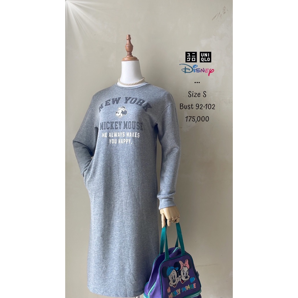 Midi dress sweatshirt abu grey mickey mouse disney x uniqlo original premium preloved murah keren lu