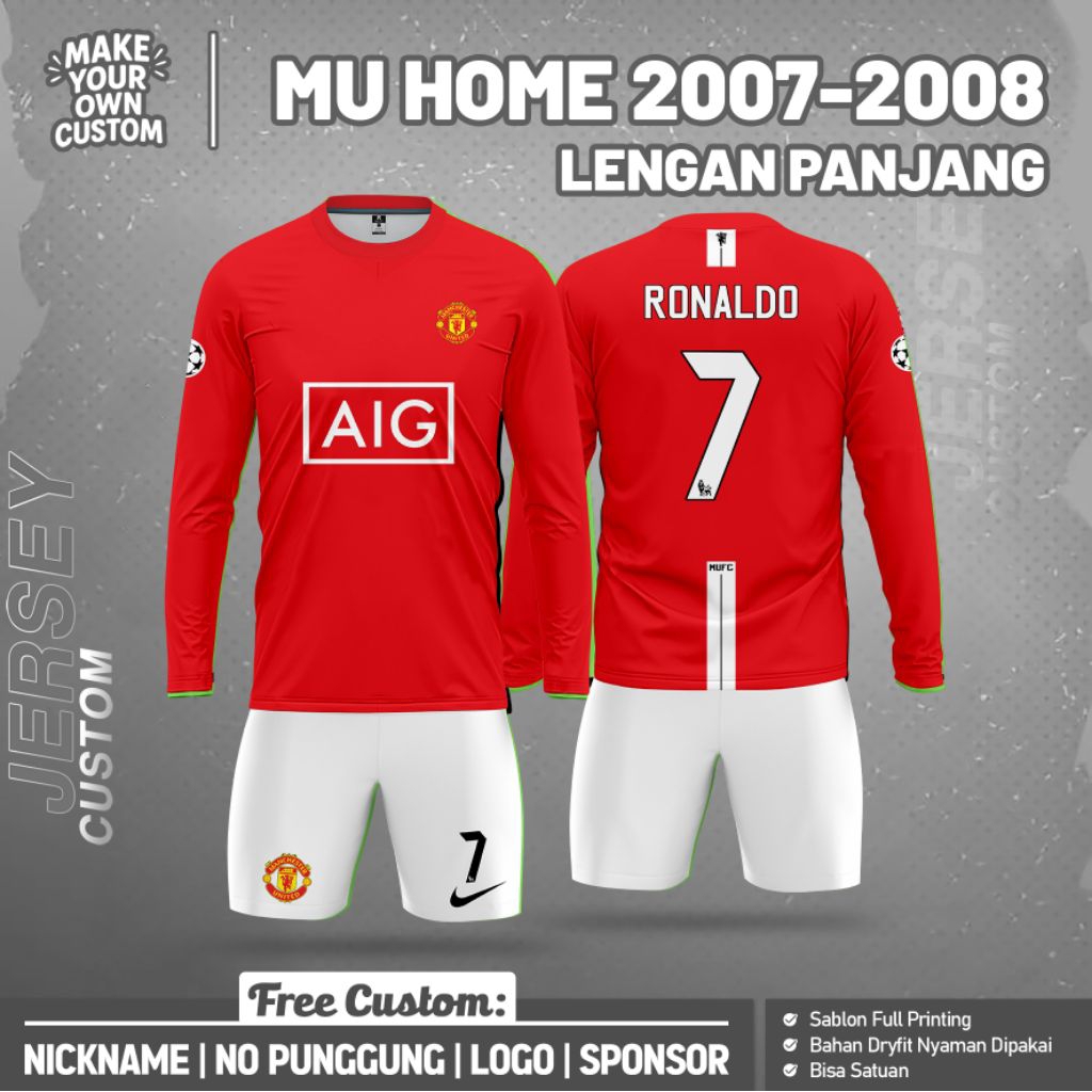 Jersey MU HOME 2007-2008 lengan panjang custom design, nama, no punggung