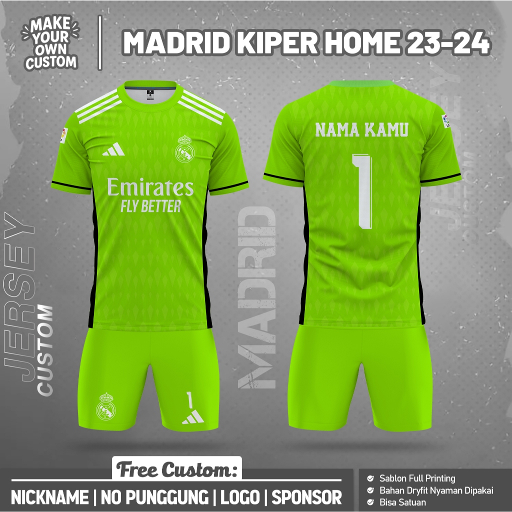 Baju Jersey Bola MADRID KIPER HOME 2023-2024 PENDEK Free Custom Nama Nomor Logo Full Printing