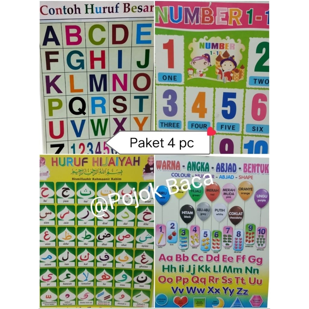 Paket 4 Poster Edukatif Huruf Besar Angka 1 sd 10 Huruf Hijaiyah &  warna Angka Abjad Bentuk