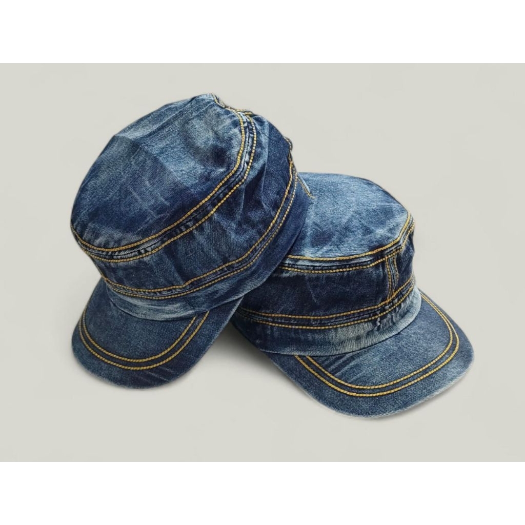Topi Komando Jeans Wash Polos/ Topi Komando Levis Washing Dewasa Pria Wanita Jahit Rante