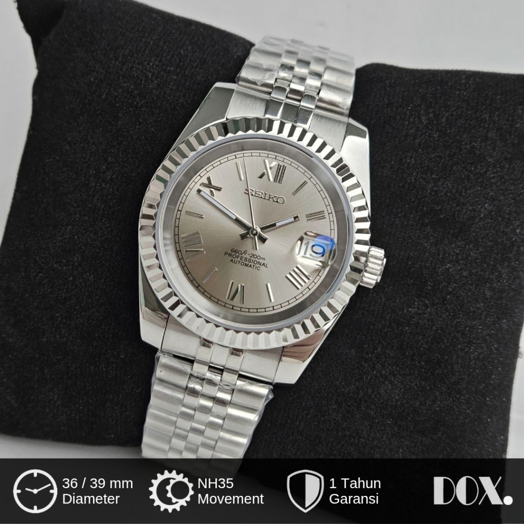 Jam Tangan Seiko Datejust Romawi Abu NH35 Automatic Seikomod Jubilee Stainless Kaca SapphireCasing