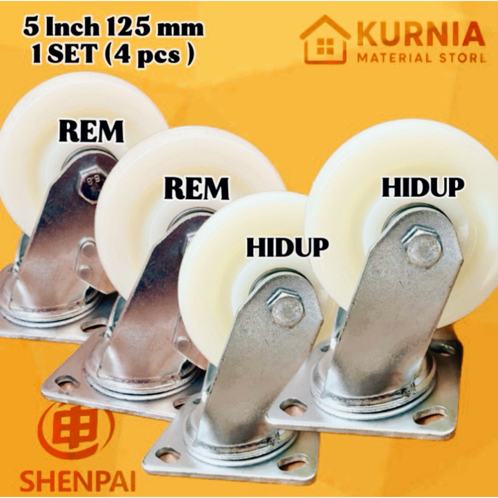 (4 pcs) Roda Troli 5 inch 125 mm Nylon Heavy Duty (2 Rem + 2 Hidup)