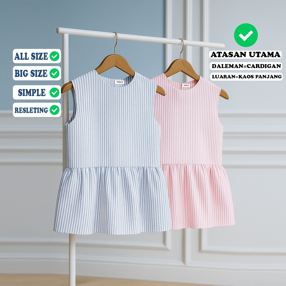 OREVIA - Vest Inner Stripe Sleeveless Dress Cardigan Top Puplem Blouse Top Balon Korea Style