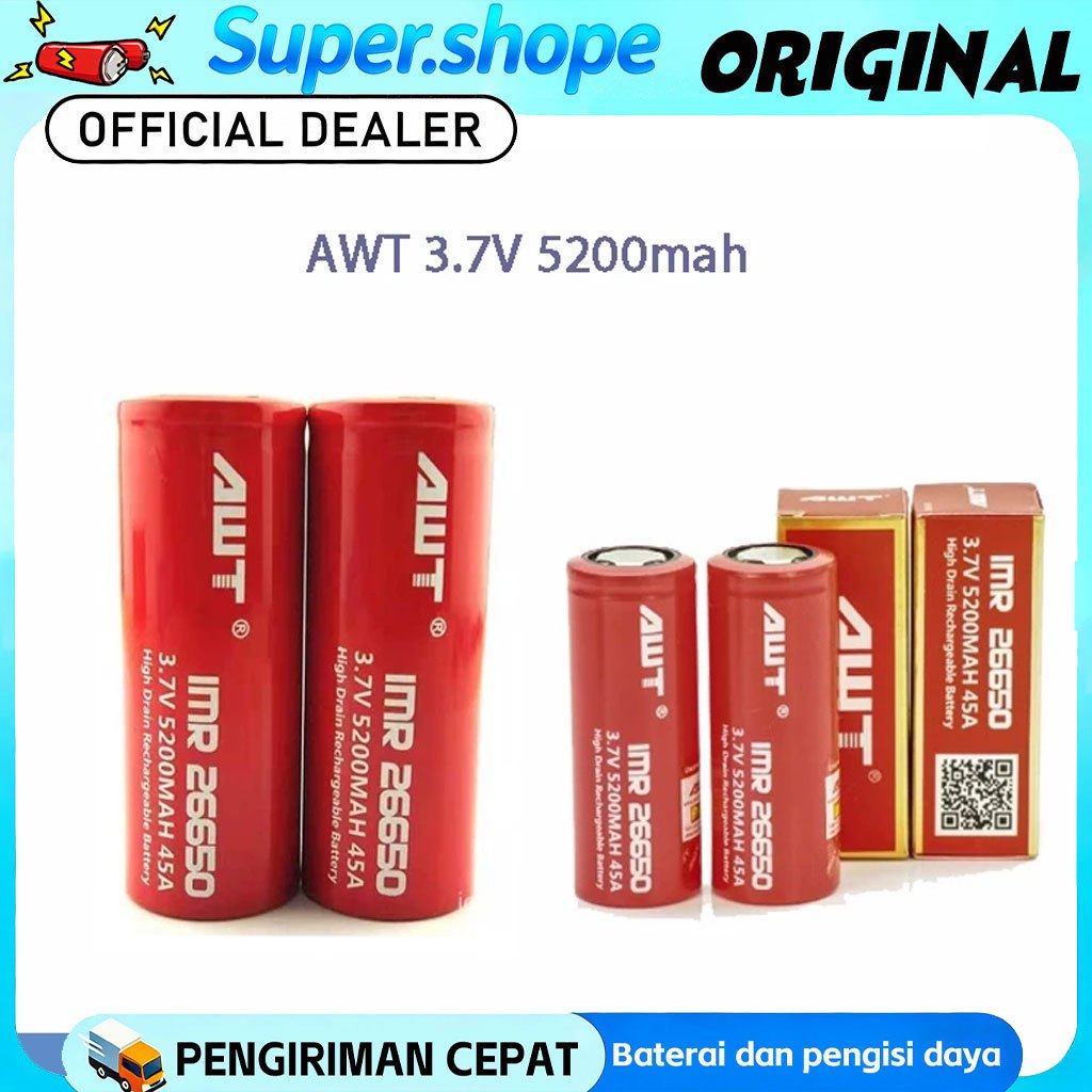 AWT Baterai 26650 5200mAh 45A 35A IMR - Kuat untuk Senter, Pengisian Ulang, Stok Tersedia