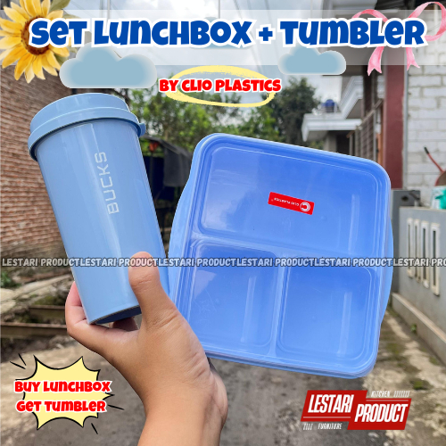 1 SET LUNCHBOX CLIO 3 SEKAT + TUMBLER BUCKS | LUNCHBOX PLASTIK 3 SEKAT | TUMBLER PLASTIK | BOTOL MIN