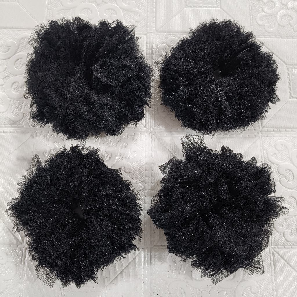 Ikat rambut/kuncir rambut bahan kain tile ukuran sedang khusus hitam polos isi 12 pcs