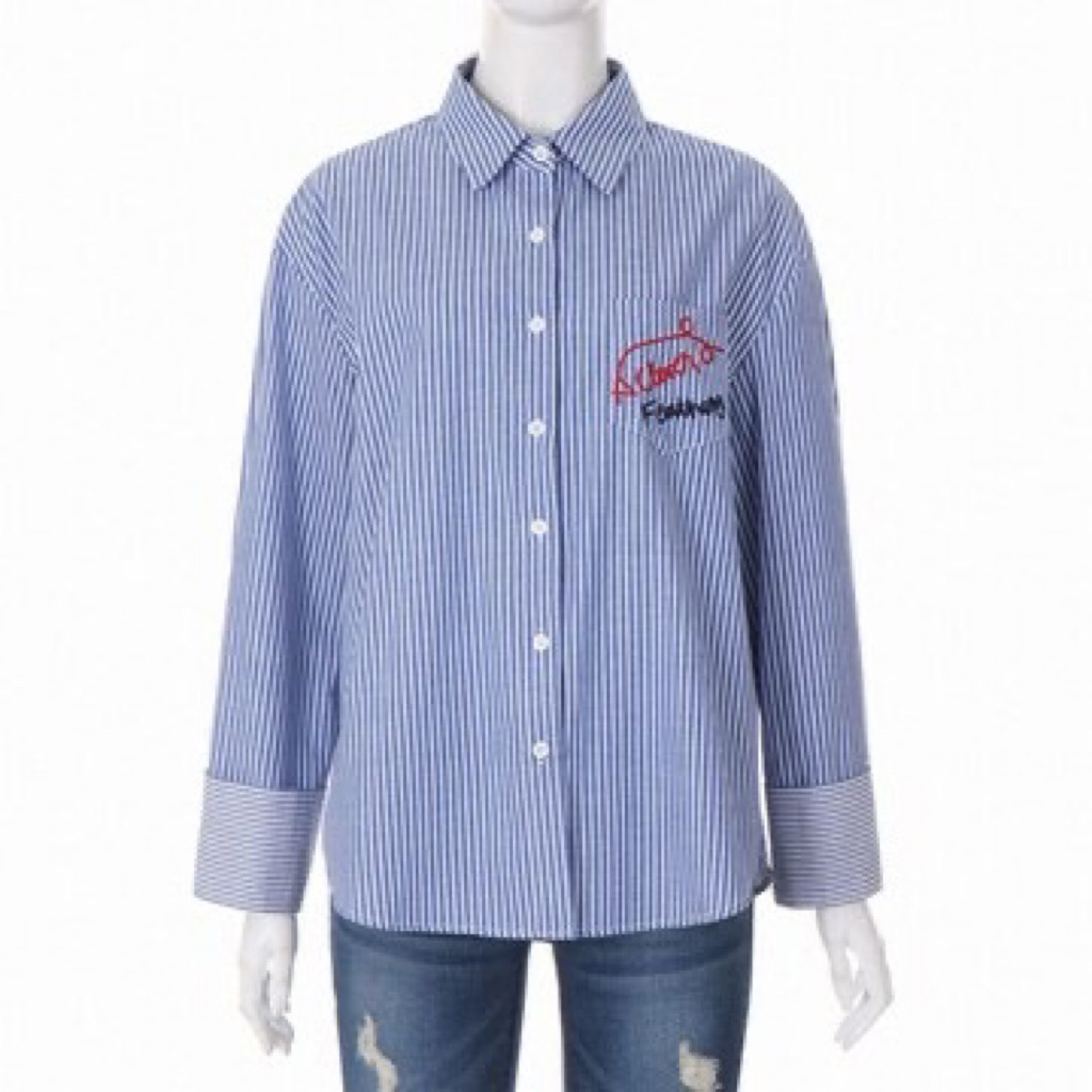 Kemeja wanita biru stripe garis-garis katun tebal formal outfit kantor oversize