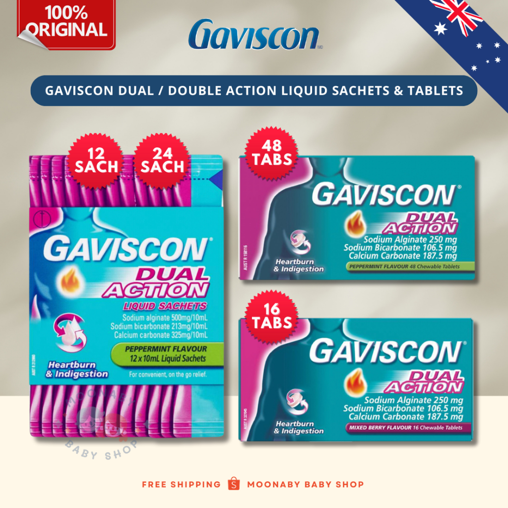 Exp 02/2027 Gaviscon Dual Action Liquid 12, 24 Sachets x 10ml & 16, 48 Tablet kunyah | Obat asam lam