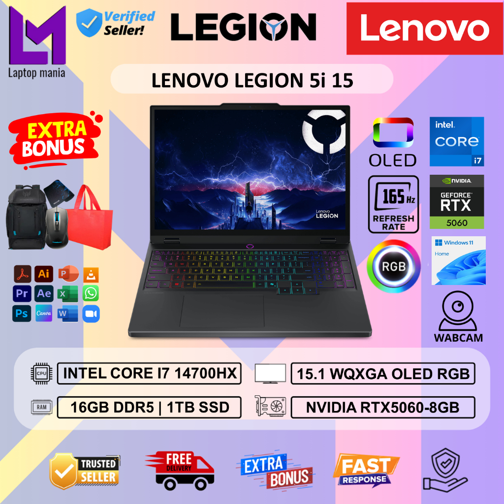 Laptop Gaming Lenovo Legion 5i 15 Intel i7 14700HX 16GB 1TB RTX5060-8GB 15.1 WQXGA OLED Windows 11