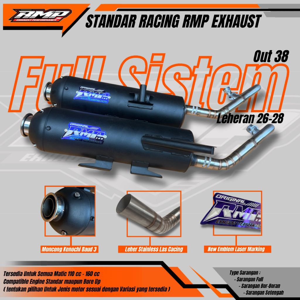 Knalpot Standar Racing Moncong Kenochi Baut 3  Original Rmp, Leher Semi Cacing 26-28mm Pnp Vario Bea