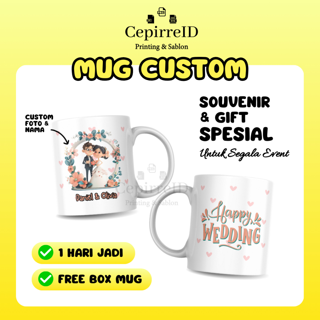 CepirreID - Cetak Mug Custom Foto Nama Souvenir Kado Wedding Nikah Merchandise Gelas Coating Premium