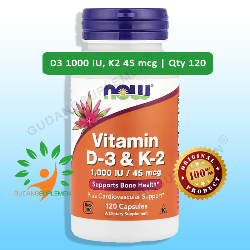 NOW Vitamin D3 & K2 - 120 Capsules --  D-3 1000 IU,  K-2  45 mg  --  Tulang, Imunitas dan Jantung