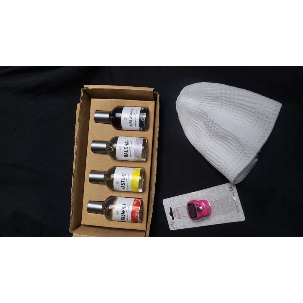 Paket Parfum Arab Premium 4 in 1 + Kopiah + Tasbih Digital – Kasturi, Kiswah, Raudhah, Hajar Aswad