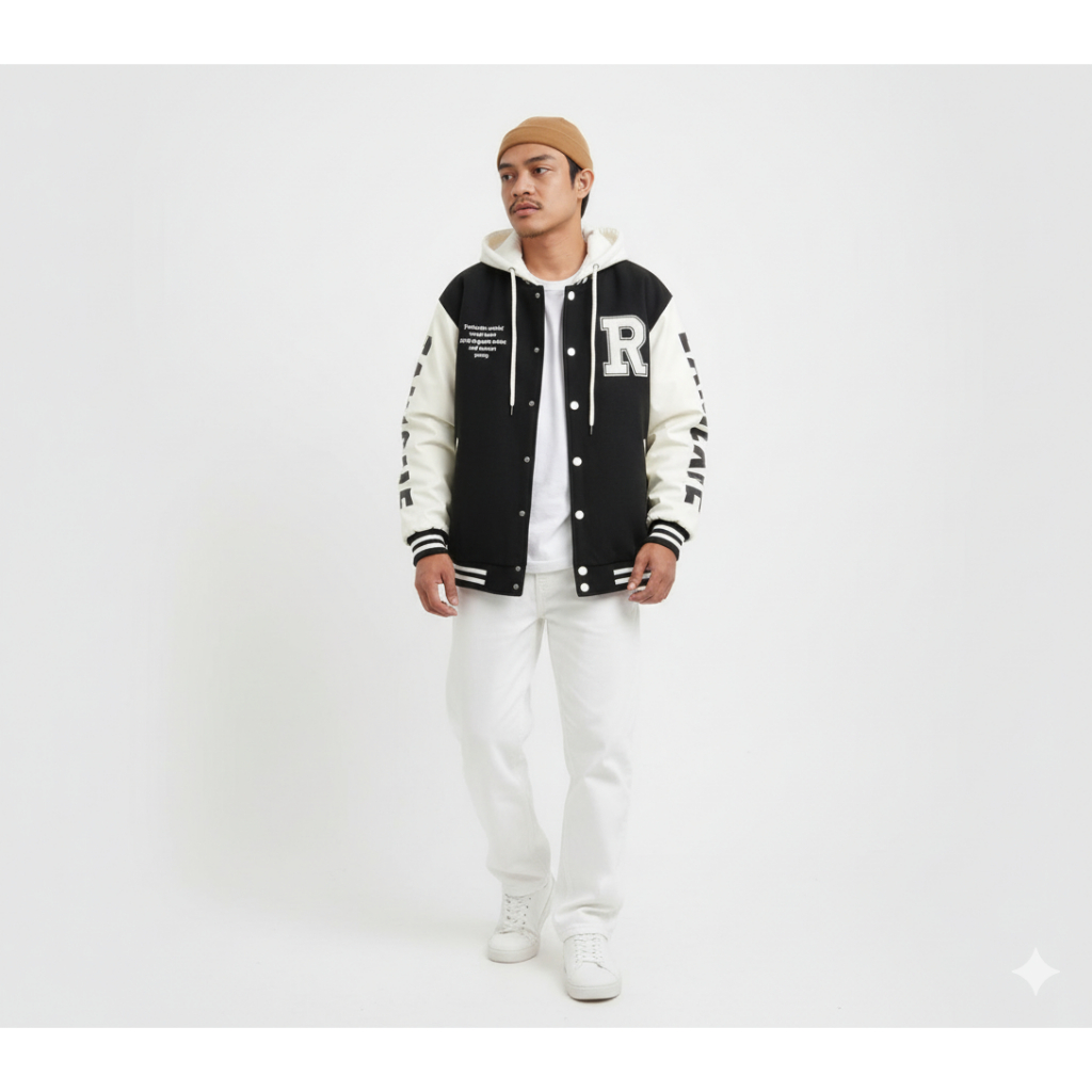 Jaket Varsity Dewasa Unisex Cowok Cewek Hoodie Kancing Hitam  Sweater