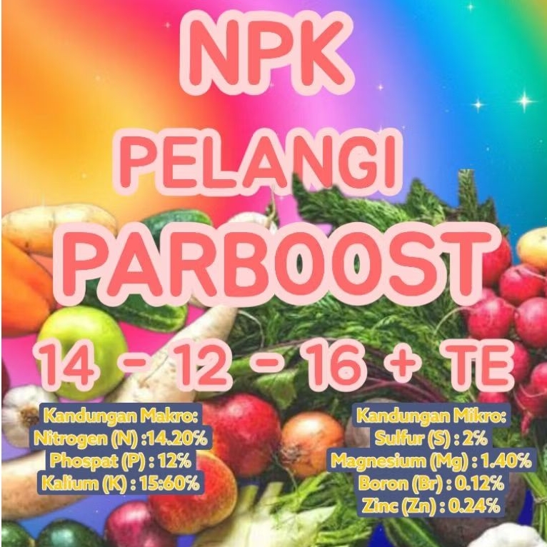 Pupuk Lengkap NPK 14 12 16 + TE Pelangi Parboost 180gram untuk buah dan bunga bonus benih kacang tan