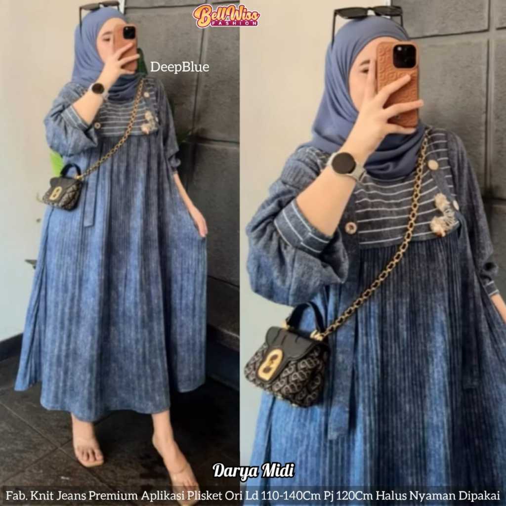 DARYA SET BY BELLWISS / MIDI DRESS WANITA BAHAN KNIT JEANS APL PLISKET