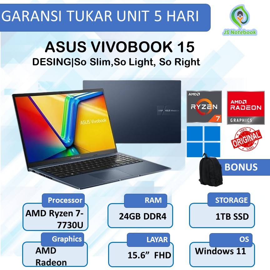 ASUS VIVOBOOK M1502YA RYZEN 7 7730U 24GB 1TB W11 15.6FHD BLU