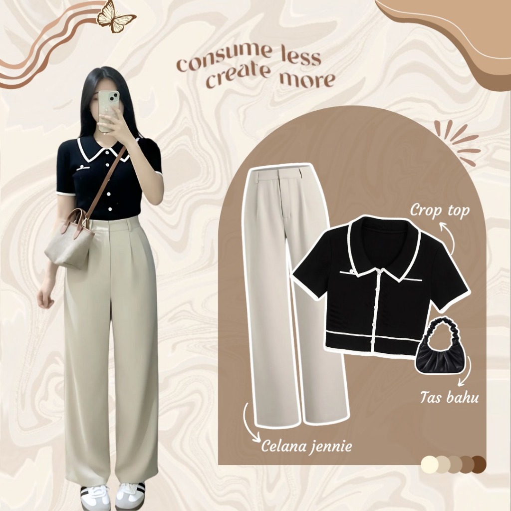 One Set 3 in 1 - Korean Fashion - Outfit - OOTD - Crop Top Hitam + Celana Jennie + Tas Bahu UD119
