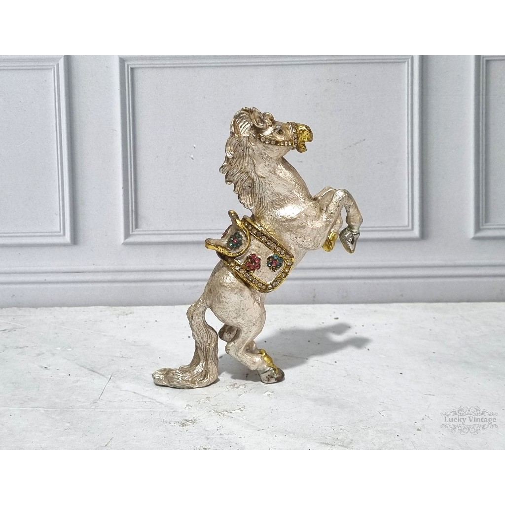 Vintage Jeweled Rearing Horse Enameled Trinket Box White Flowers Saddle
