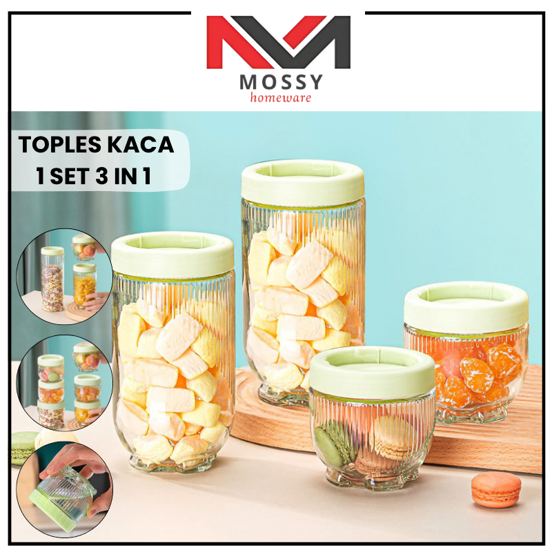 MOSSY Toples Kue Lebaran Kaca 1 Set 3in1 / Toples Kaca Gladies Hazel Bening Anti Tumpah 3 pcs / Set 