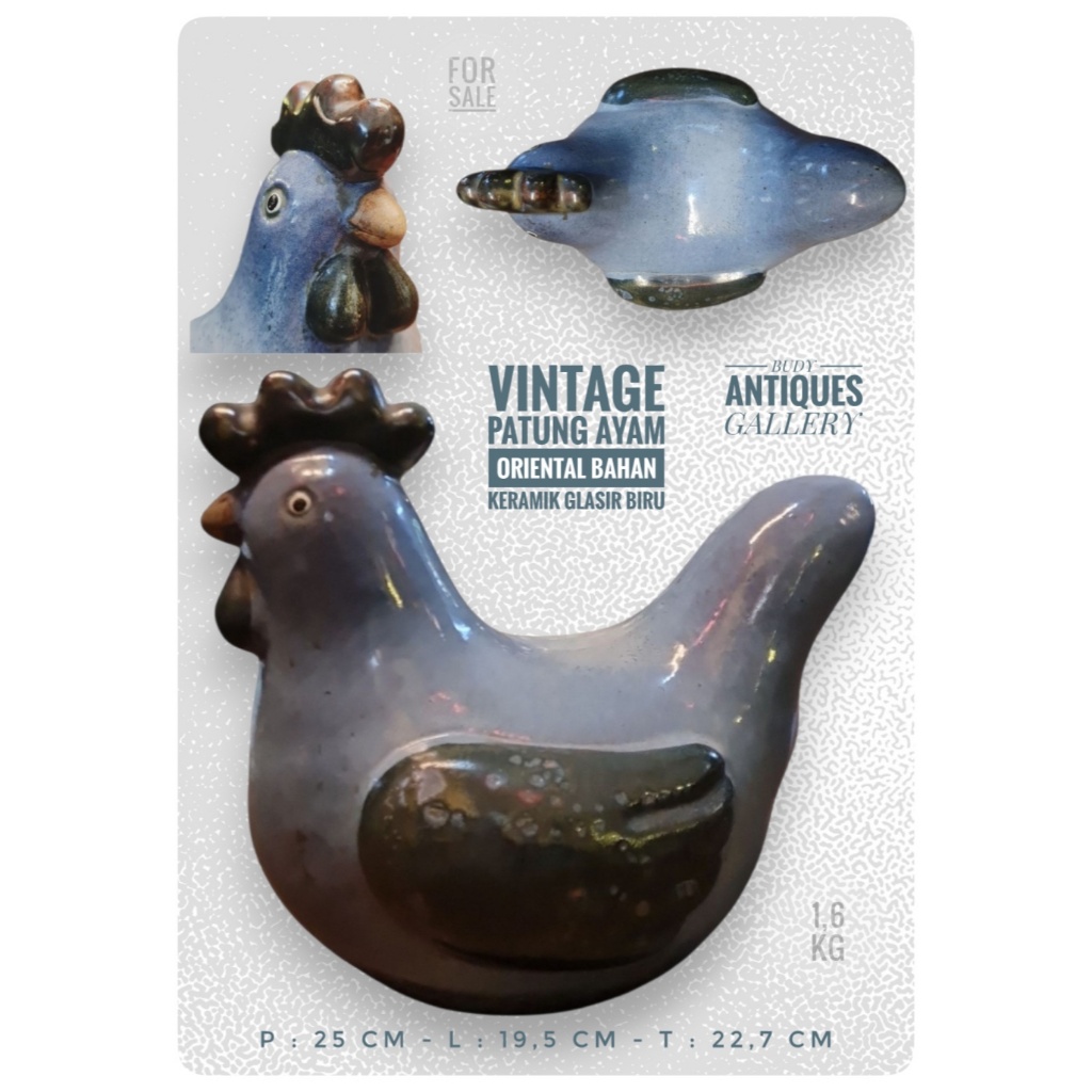 Patung Ayam Antik Bahan Keramik Oriental Glasir Biru